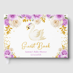 Schwan Purpur- und Goldrosen-Baby-Shower Gästebuch
