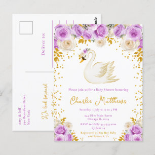Schwan Purpur- und Goldrosen-Baby-Shower Postkarte