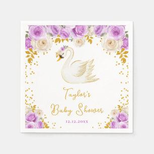 Schwan Purpur- und Goldrosen-Baby-Shower Serviette