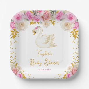 Schwan Rosa und Goldene Rosen Baby Shower Pappteller