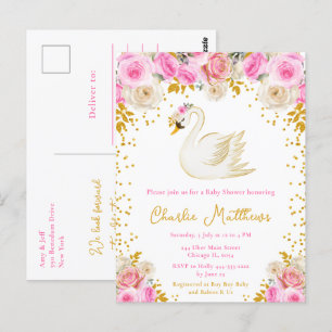 Schwan Rosa und Goldene Rosen Baby Shower Postkarte
