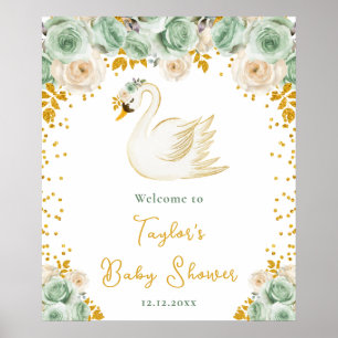 Schwan-Sage-Grün-Gold-Rosen-Baby-Shower-Willkommen Poster