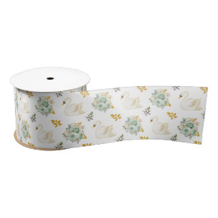 Schwan-Sage-Grün und Gold-Blumenrosen Satinband