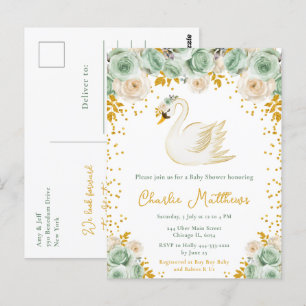 Schwan-Sage-Grün und Goldrosen-Baby-Shower Postkarte