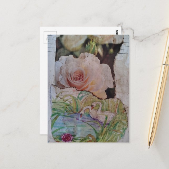 Schwan und Rosen Collage Postkarte (Vorderseite/Rückseite Beispiel)