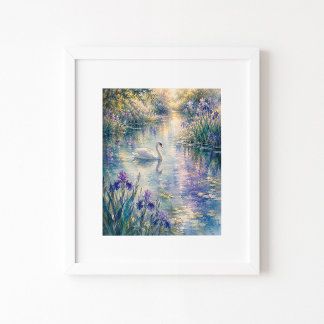 Schwan unter Schwertlilien Wasserfarben Kunst Druc Poster