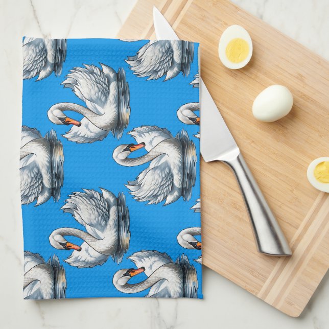 Schwan-Vögel Musterdesign auf Blau  Geschirrtuch (Viertel Falte)