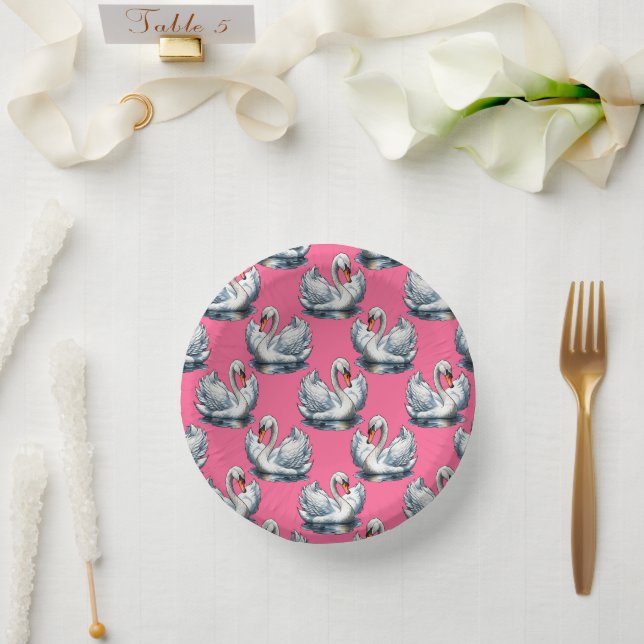 Schwan-Vögel Musterdesign auf Blau  Pappteller (Hochzeit)