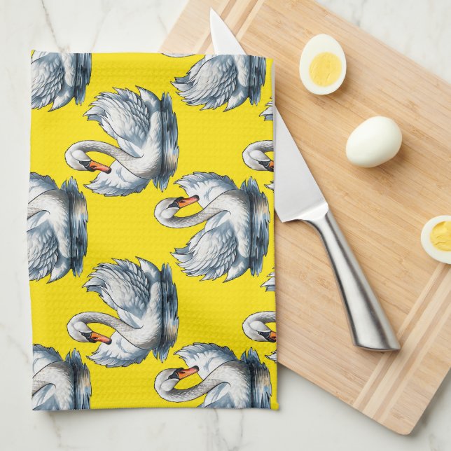 Schwan-Vögel Musterdesign auf Gelb  Geschirrtuch (Viertel Falte)