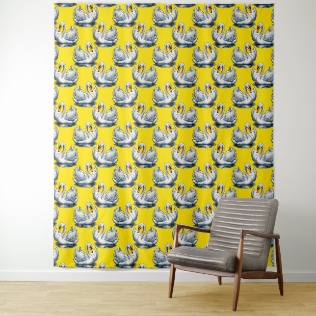 Schwan-Vögel Musterdesign auf Gelb Wandteppich (Beispiel)