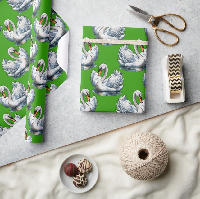 Schwan-Vögel Musterdesign auf Grün Geschenkpapier (Kunsthandwerk)
