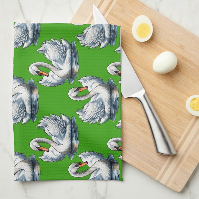 Schwan-Vögel Musterdesign auf Grün Geschirrtuch (Viertel Falte)