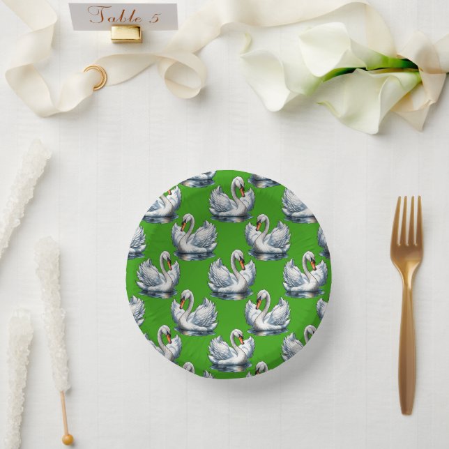 Schwan-Vögel Musterdesign auf Grün Pappteller (Hochzeit)
