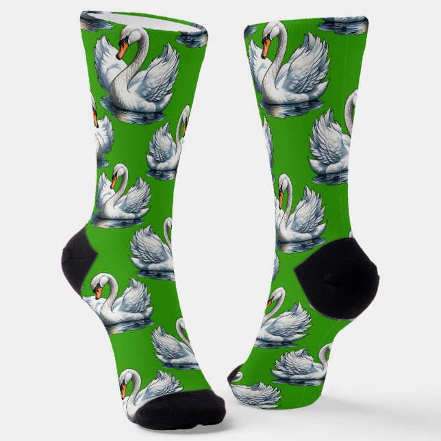 Schwan-Vögel Musterdesign auf Grün Socken (Gewinkelt)