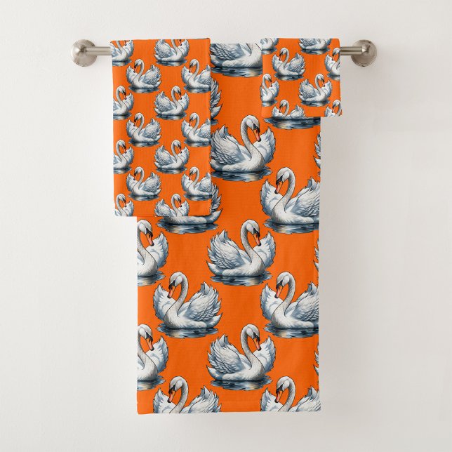 Schwan-Vögel Musterdesign auf Orange  Badhandtuch Set (Von Creator hochgeladen)