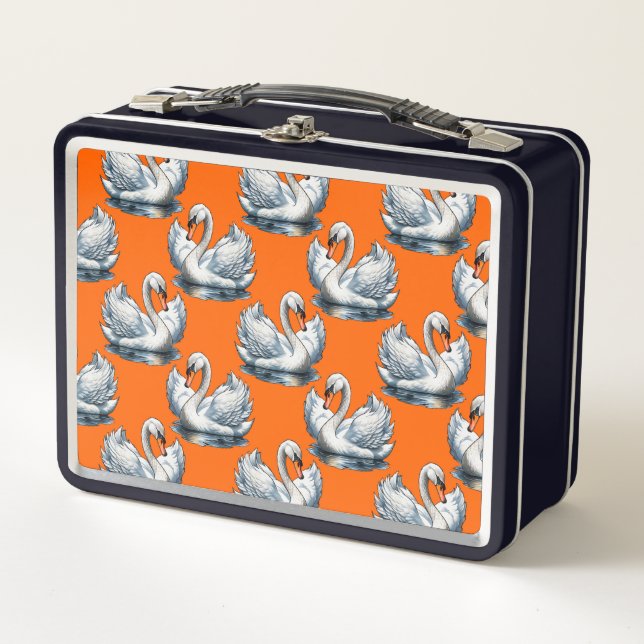 Schwan-Vögel Musterdesign auf Orange Metall Brotdose (Vorderseite)