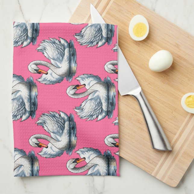Schwan-Vögel Musterdesign auf Rosa Geschirrtuch (Viertel Falte)