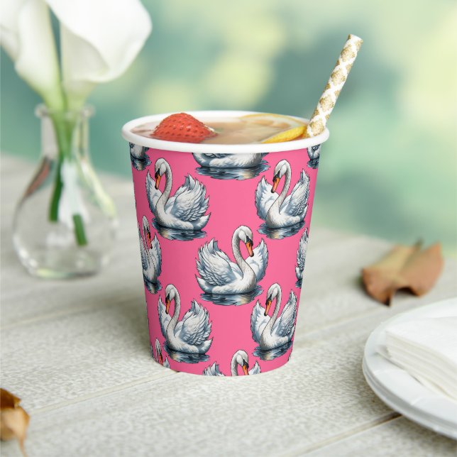 Schwan-Vögel Musterdesign auf Rosa Pappbecher (In Situ)