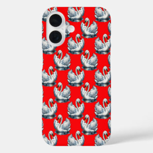 Schwan-Vögel Musterdesign auf Rot iPhone 16 Hülle