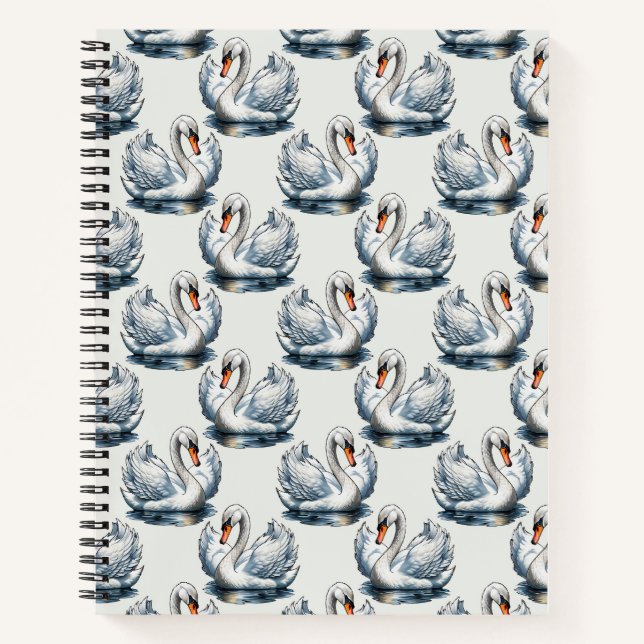 Schwan-Vögel Musterdesign auf Weiß Notizbuch (Vorderseite)