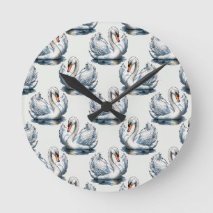 Schwan-Vögel Musterdesign auf Weiß Runde Wanduhr