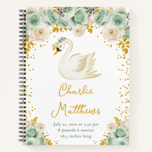 Schwan-Weisheit-Grüne-und-Gold-Rosen-Geburtsstatis Notizbuch