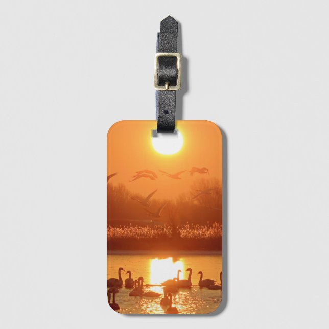 Schwäne am See bei Sonnenuntergang Gepäckanhänger (Vorderseite Vertikal)