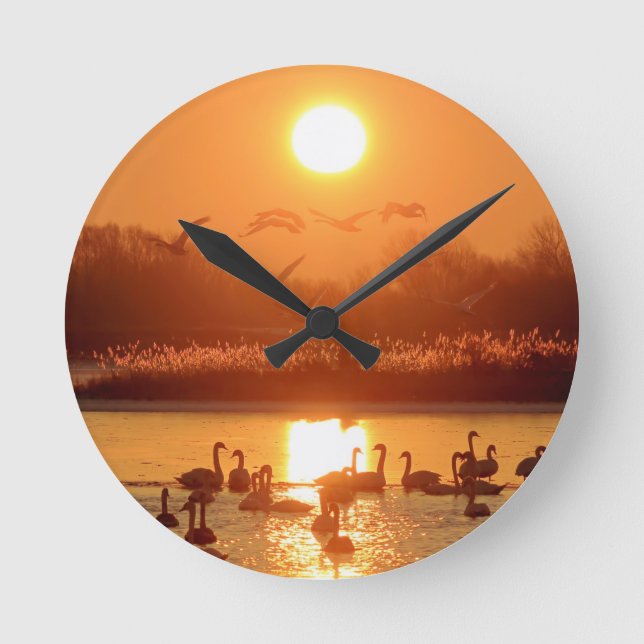 Schwäne am See bei Sonnenuntergang Runde Wanduhr (Vorderseite)