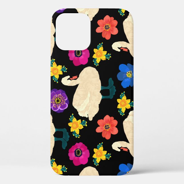 Schwäne, Blume, handgezeichnet schwarzer Hintergru Case-Mate iPhone Hülle (Rückseite)