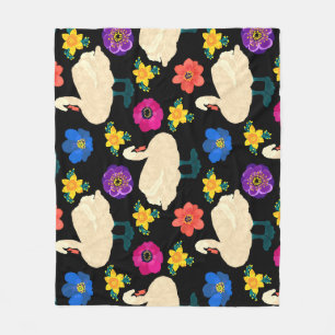 Schwäne, Blume, handgezeichnet schwarzer Hintergru Fleecedecke