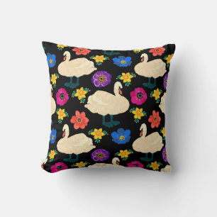 Schwäne, Blume, handgezeichnet schwarzer Hintergru Kissen