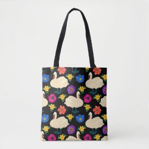 Schwäne, Blume, handgezeichnet schwarzer Hintergru Tasche