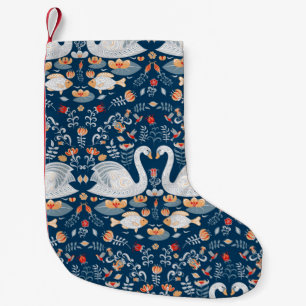 Schwäne, Fische, Blume auf blauem Hintergrund. de Kleiner Weihnachtsstrumpf