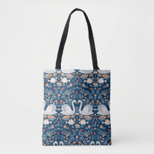 Schwäne, Fische, Blume auf blauem Hintergrund. de Tasche