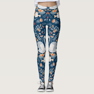 Schwäne, Fische, Blume, Volksmuster. Leggings