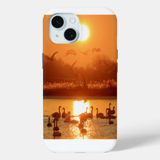 Schwäne im See bei Sonnenuntergang iPhone 15 Hülle