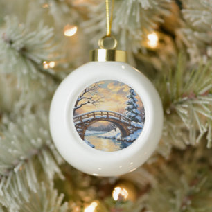 Schwanenfamilie unter schneebedeckter Brücke im Vi Keramik Kugel-Ornament