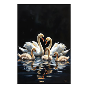 Schwanfamilie auf schwarzem See Kunstwerk Fotodruck