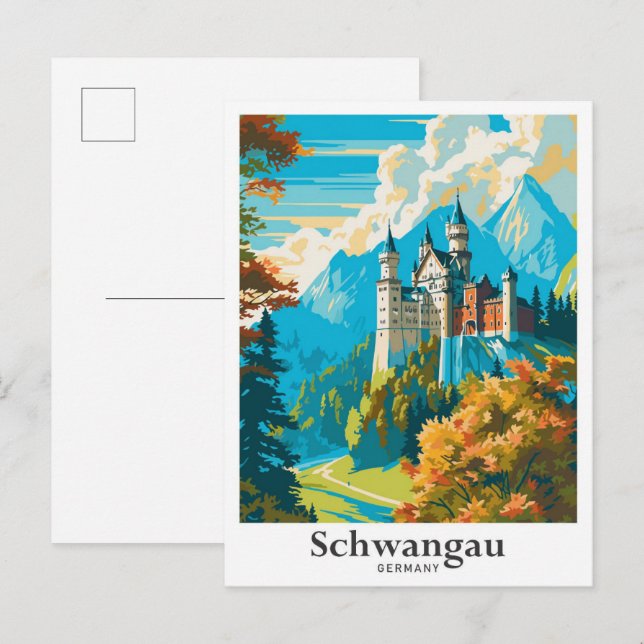 Schwangau Deutschland Vintage Travel Illustration Postkarte (Vorne/Hinten)