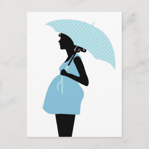 Schwangere Frau mit Polka Dot Umbrella Baby Blue Ankündigungspostkarte