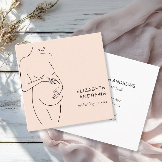 Schwangere Frau Simpel Modern Peach Quadratische Visitenkarte (Modern, minimalist business card, peach, black. Line Art Illustration, pregnant woman. Enter your da)