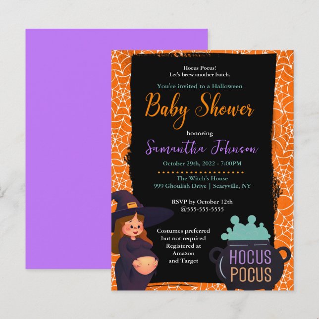 Schwangere Hexenmeister Halloween Baby Shower Cost Einladungspostkarte (Vorne/Hinten)
