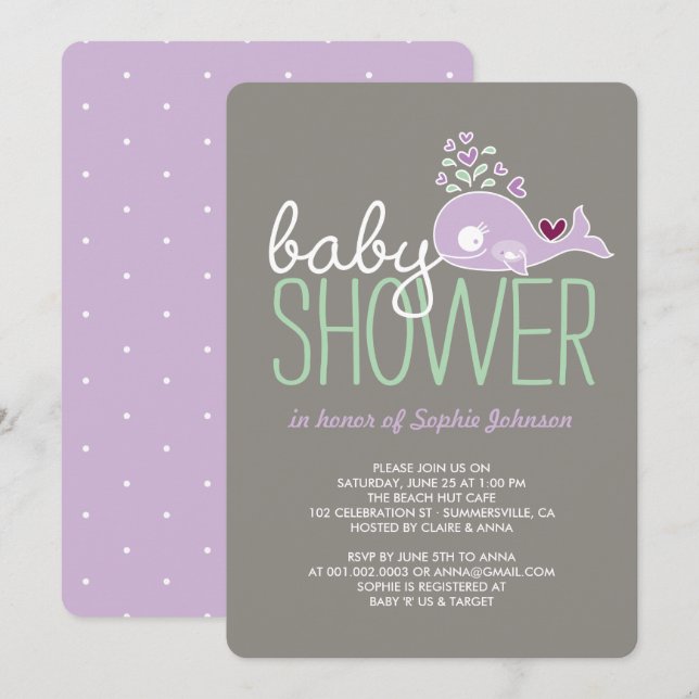 Schwangere Lilac Mommy Whale Girl Babydusche laden Einladung (Vorne/Hinten)
