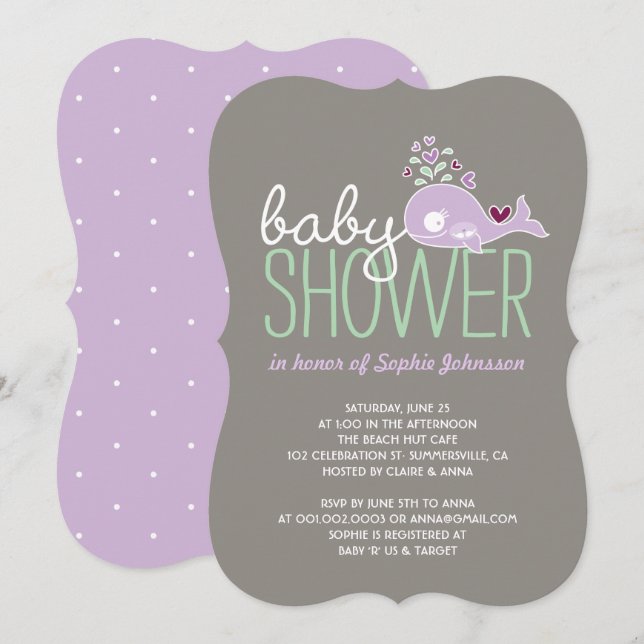 Schwangere Lilac Whale Twin Girls Baby Showeinladu Einladung (Vorne/Hinten)