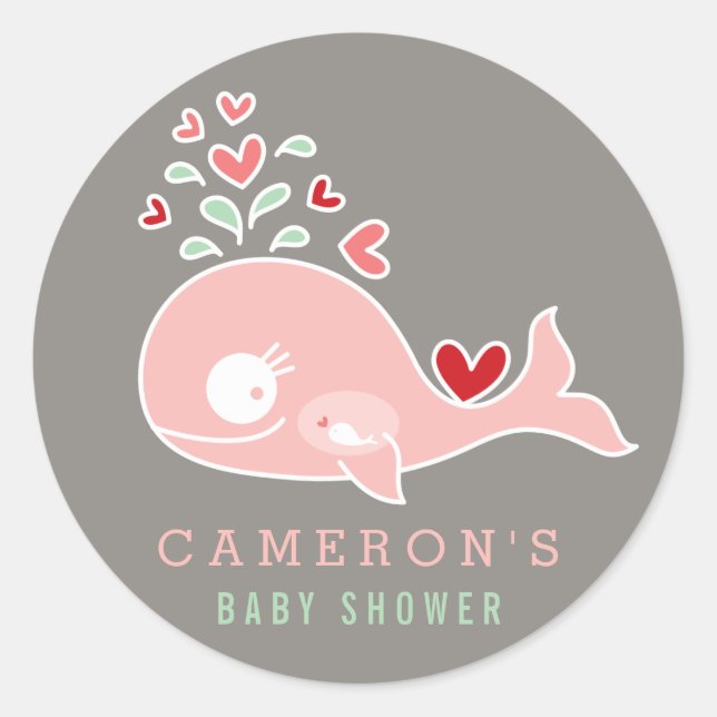 Schwangere Mommy Pink Whale Girl Babyaufkleber Runder Aufkleber (Vorderseite)