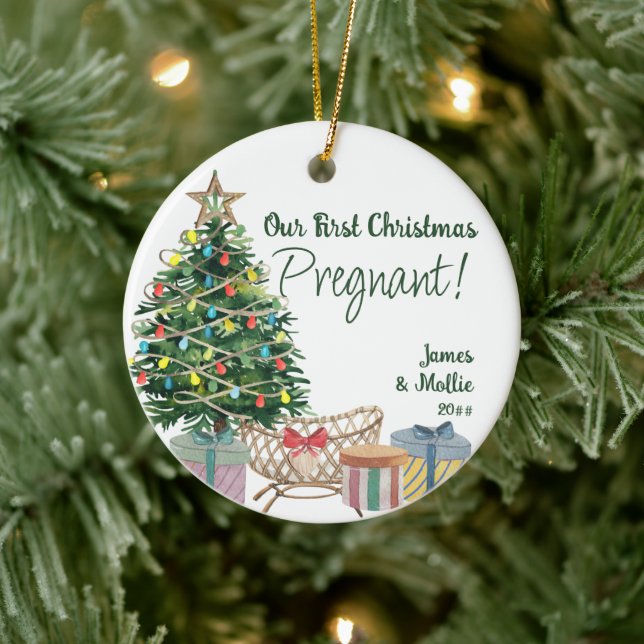 Schwangere Sonogram Foto Weihnachtsbaum und Krippe Keramik Ornament (Baum)