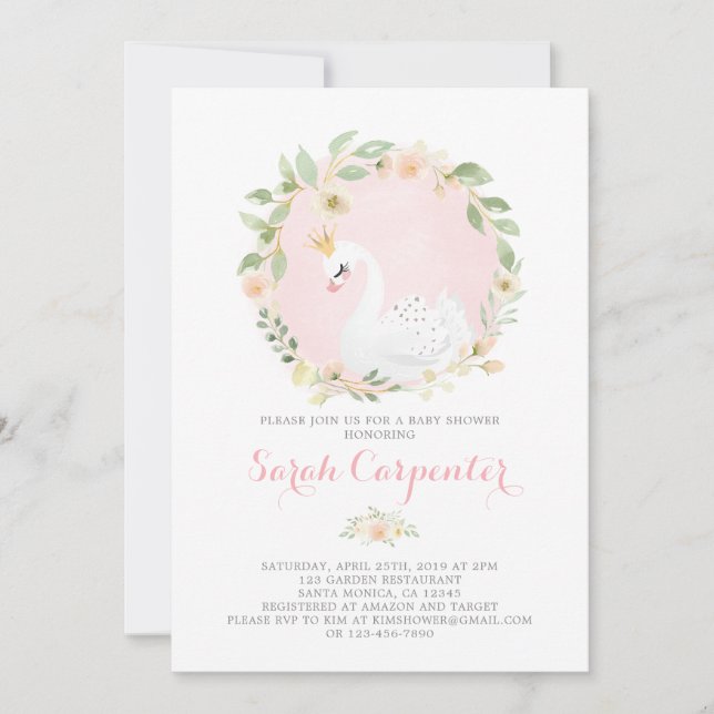 Schwanke Prinzessin Rosa und goldene Babydusche Einladung (Vorderseite)