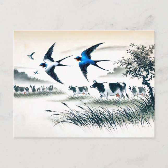 Schwänze, die über ein Rinderfeld in chinesischer  Postkarte (Vorderseite)