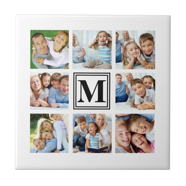 Schwarz-8-Familienfoto-Collage Monogram Fliese (Vorderseite)