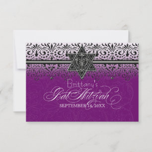 Schwarz an weißer Spitze Look Silver Bat Mitzvah E RSVP Karte